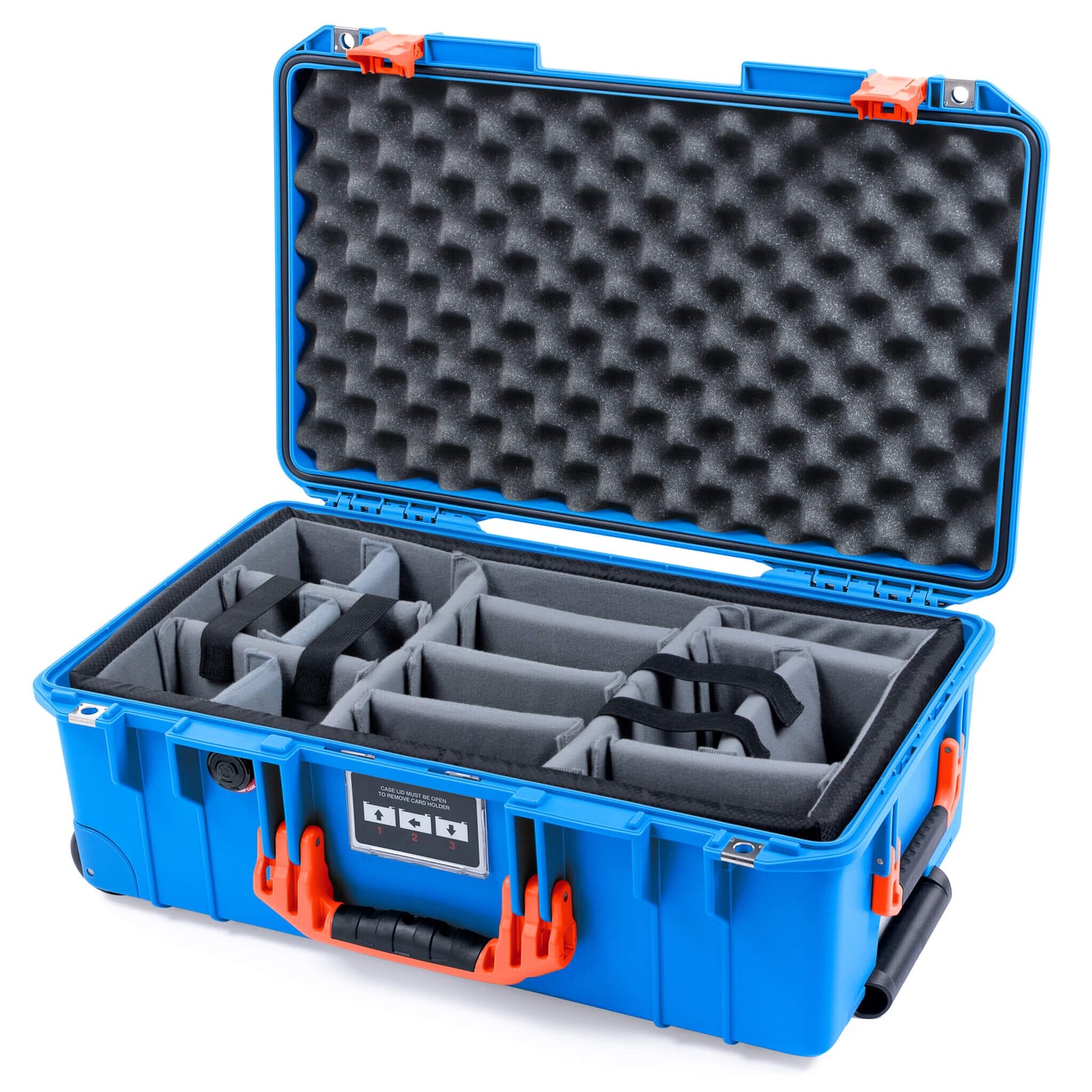 Pelican 1535 Air Case, Electric Blue with Orange Handles & Latches Gray Padded Microfiber Dividers with Convoluted Lid Foam ColorCase 015350-0070-120-151