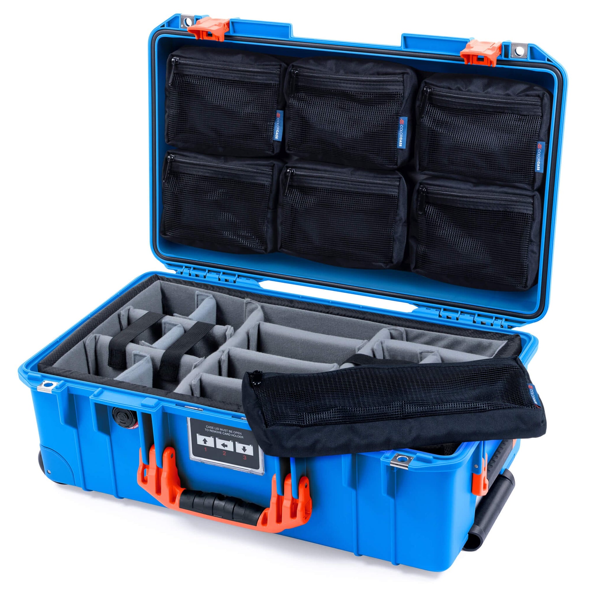 Pelican 1535 Air Case, Electric Blue with Orange Handles & Latches Gray Padded Microfiber Dividers with 7-Piece Removable Mesh Pouches ColorCase 015350-0770-120-151