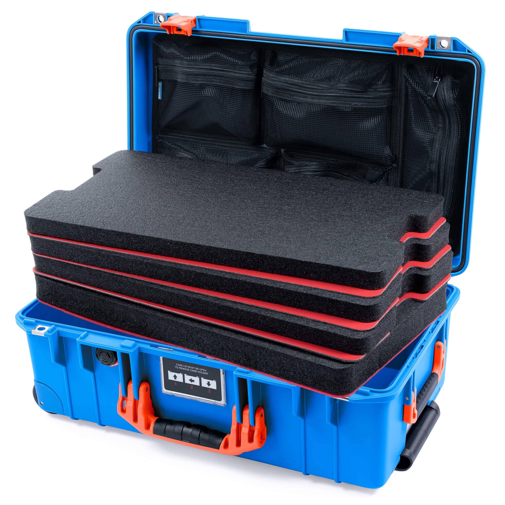 Pelican 1535 Air Case, Electric Blue with Orange Handles & Latches Custom Tool Kit (4 Foam Inserts with Mesh Lid Organizer) ColorCase 015350-0160-120-151