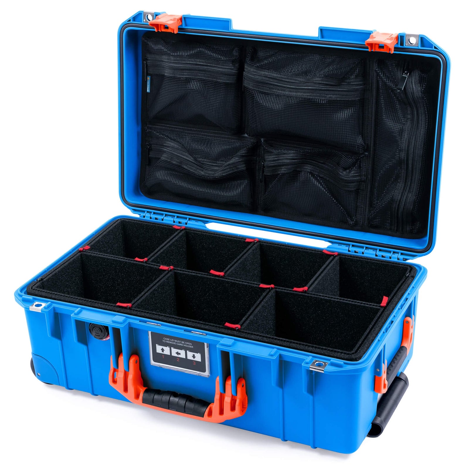 Pelican 1535 Air Case, Electric Blue with Orange Handles & Latches TrekPak Divider System with Mesh Lid Organizer ColorCase 015350-0120-120-151