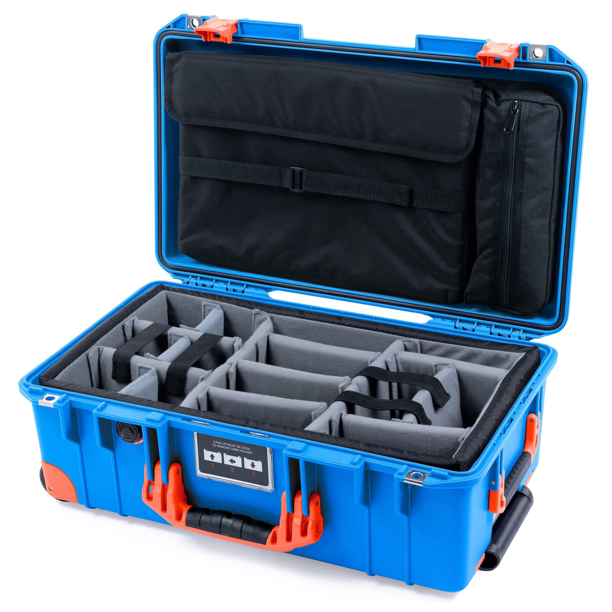 Pelican 1535 Air Case, Electric Blue with Orange Handles, Latches & Trolley Gray Padded Microfiber Dividers with Laptop Computer Lid Pouch ColorCase 015350-0270-120-151-150