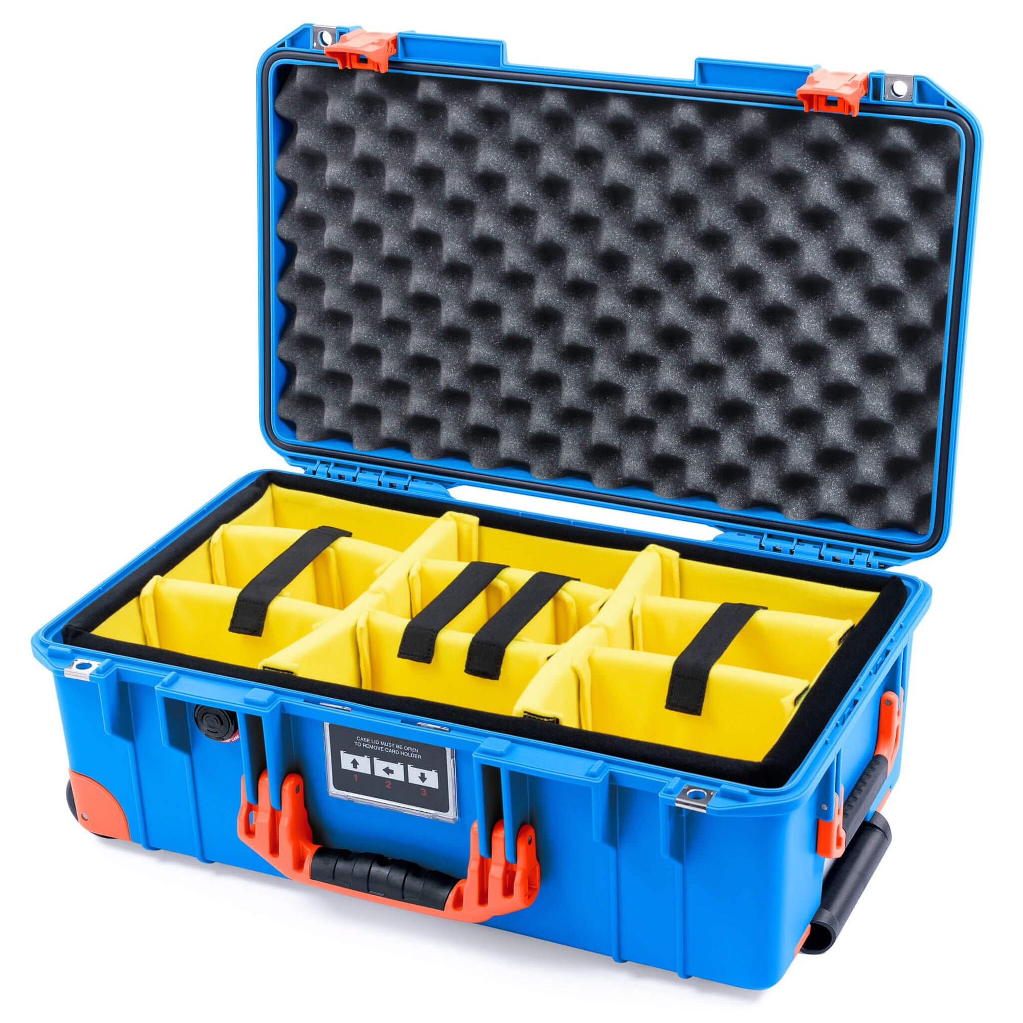 Pelican 1535 Air Case, Electric Blue with Orange Handles, Latches & Trolley Yellow Padded Microfiber Dividers with Convoluted Lid Foam ColorCase 015350-0010-120-151-150