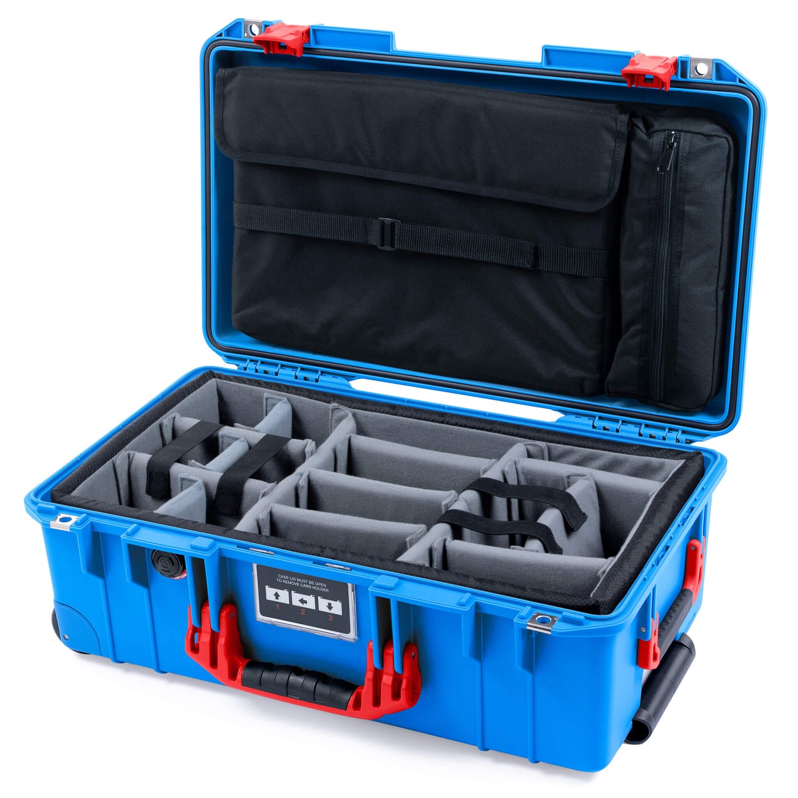 Pelican 1535 Air Case, Electric Blue with Red Handles & Latches Gray Padded Microfiber Dividers with Laptop Computer Lid Pouch ColorCase 015350-0270-120-321