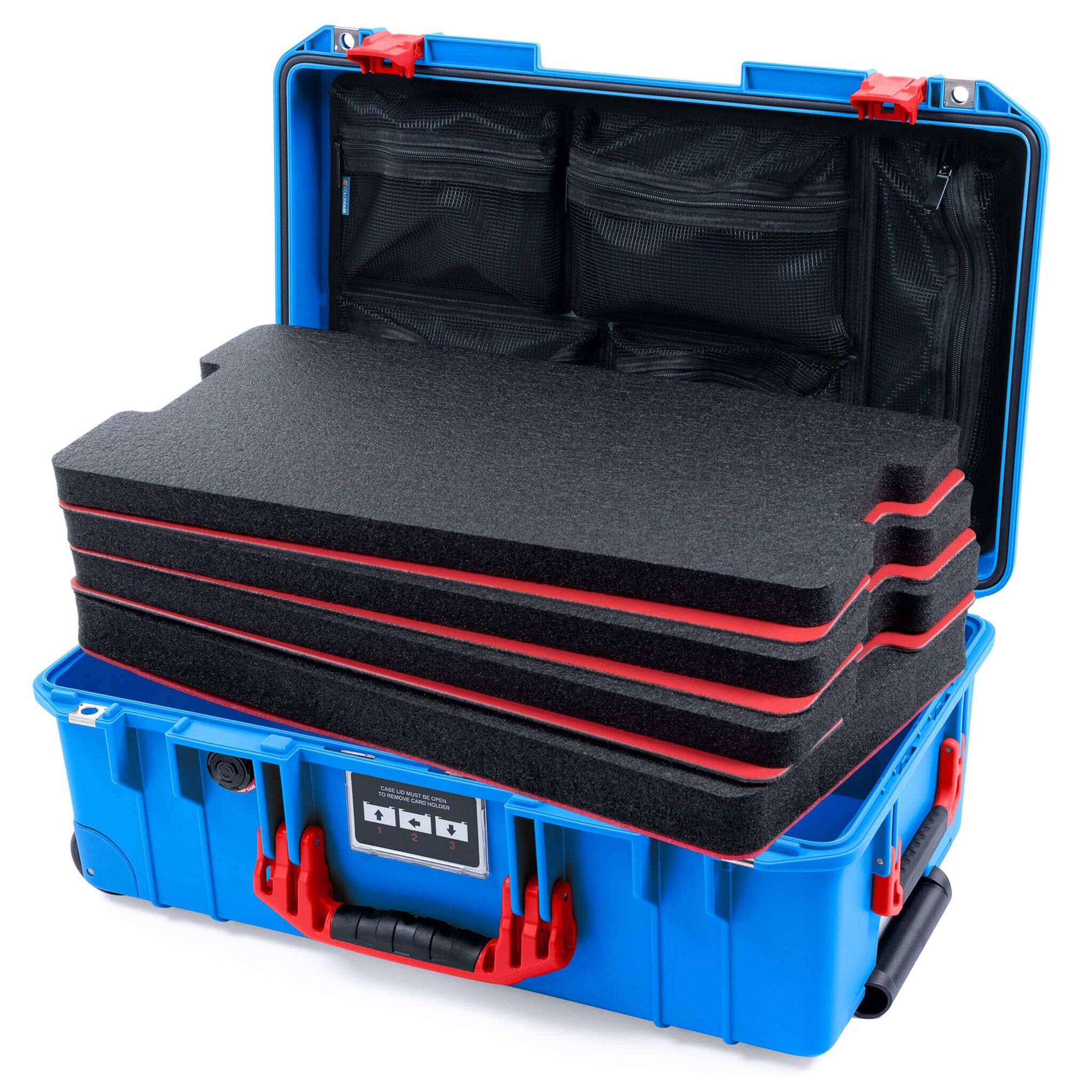 Pelican 1535 Air Case, Electric Blue with Red Handles & Latches Custom Tool Kit (4 Foam Inserts with Mesh Lid Organizer) ColorCase 015350-0160-120-321