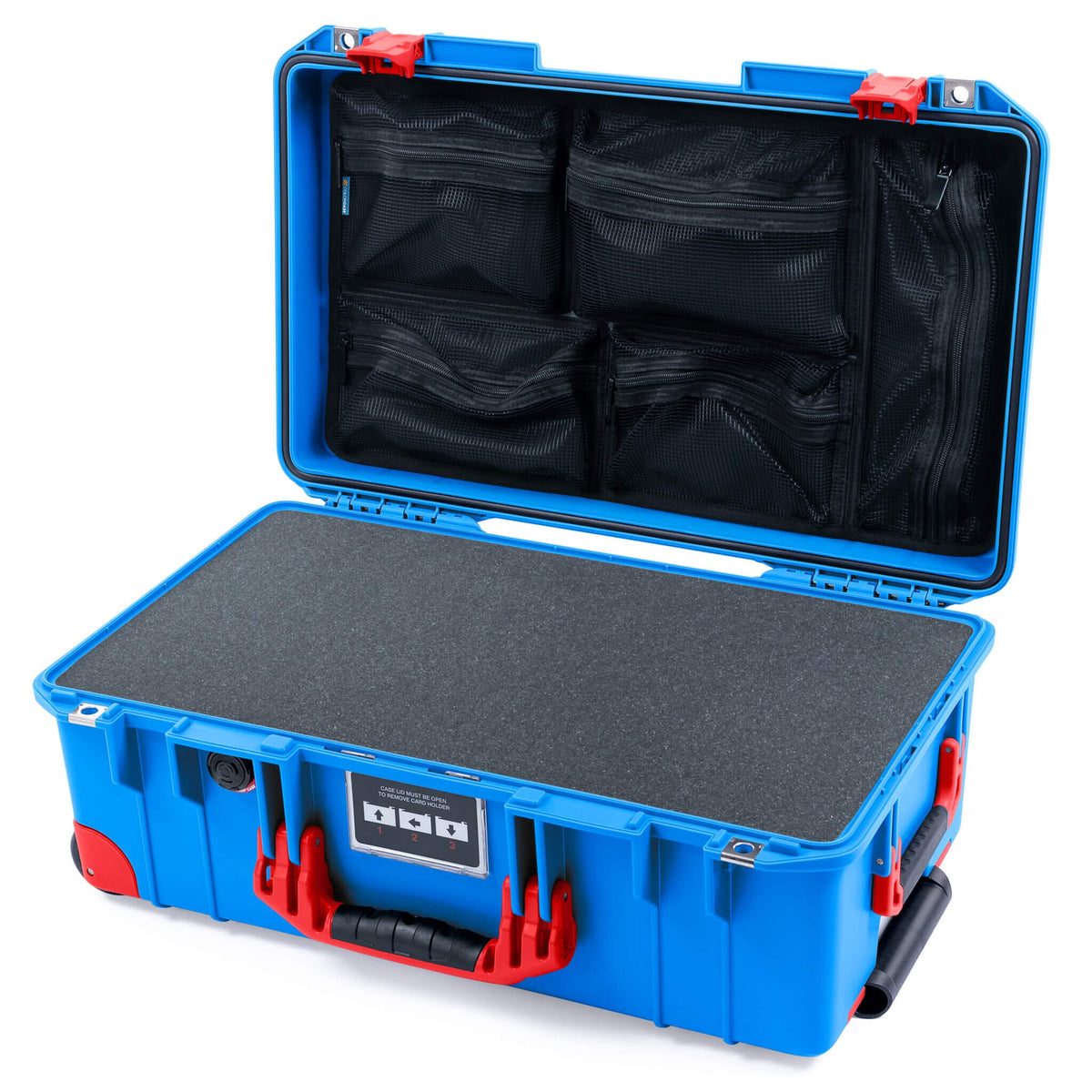 Pelican 1535 Air Case, Electric Blue with Red Handles, Latches &amp; Trolley Pick &amp; Pluck Foam with Mesh Lid Organizer ColorCase 015350-0101-120-321-320