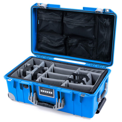 Pelican 1535 Air Case, Electric Blue with Silver Handles, Latches & Trolley Gray Padded Microfiber Dividers with Mesh Lid Organizer ColorCase 015350-0170-120-181-180