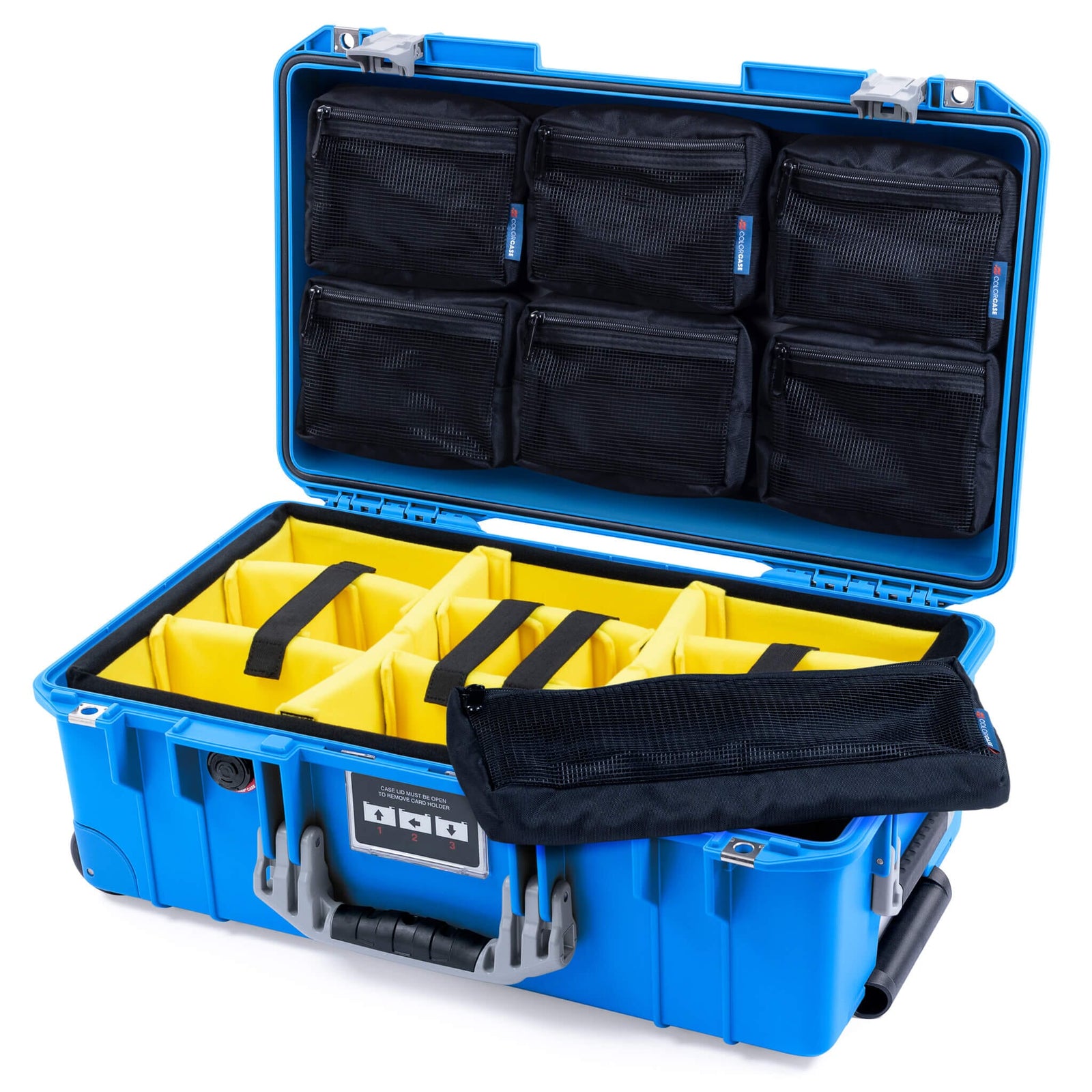 Pelican 1535 Air Case, Electric Blue with Silver Handles & Latches Yellow Padded Microfiber Dividers with 7-Piece Removable Mesh Pouches ColorCase 015350-0710-120-181