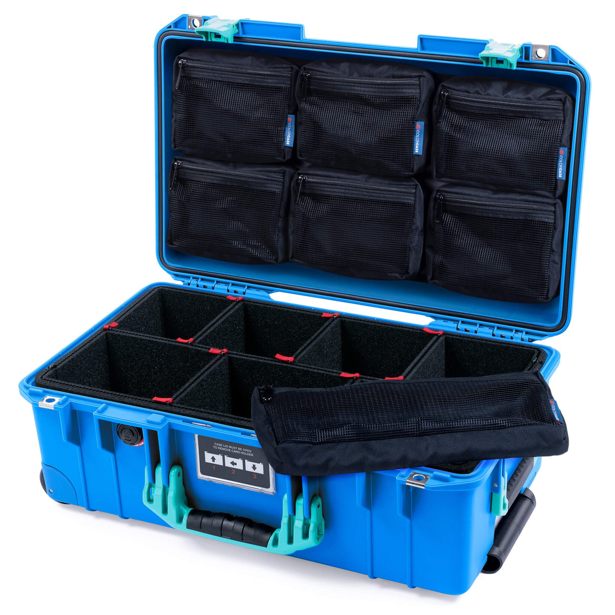 Pelican 1535 Air Case, Electric Blue with Teal Handles &amp; Latches TrekPak Divider System with 7-Piece Removable Mesh Pouches ColorCase 015350-0720-120-591