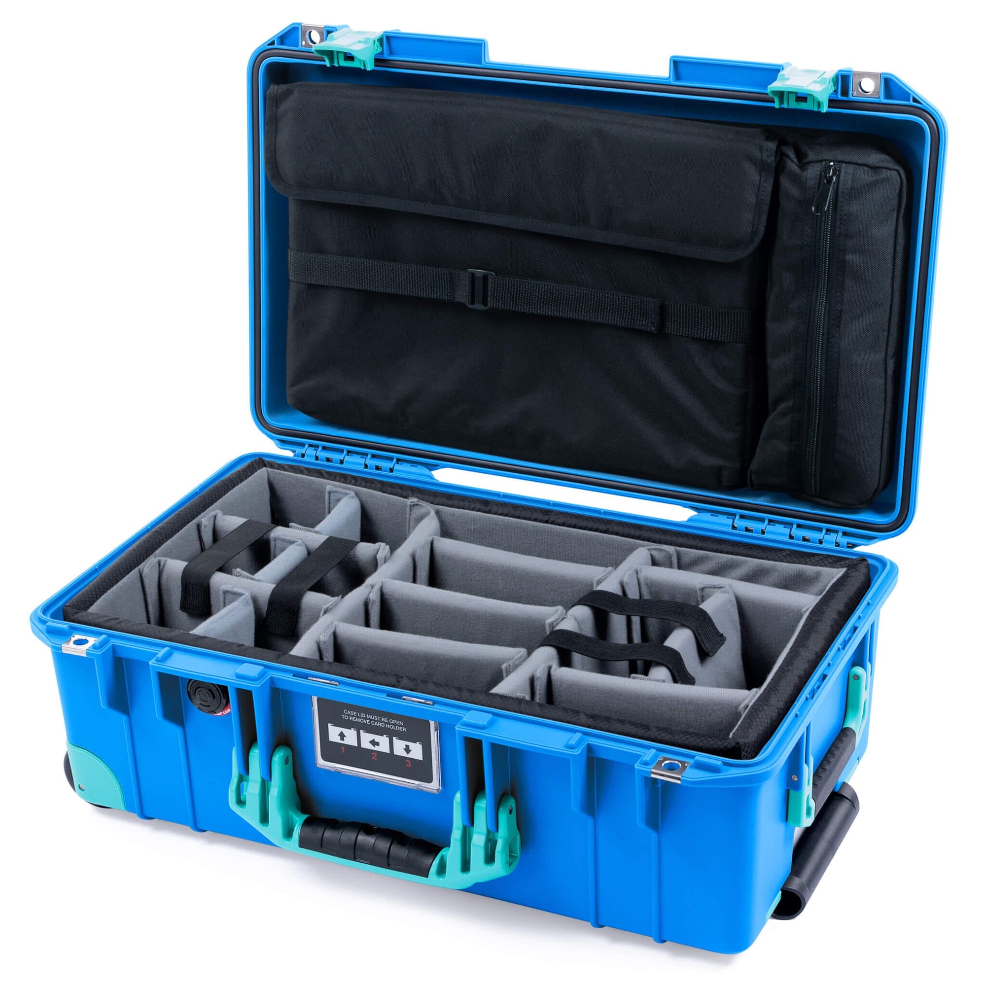 Pelican 1535 Air Case, Electric Blue with Teal Handles, Latches & Trolley Gray Padded Microfiber Dividers with Laptop Computer Lid Pouch ColorCase 015350-0270-120-591-590
