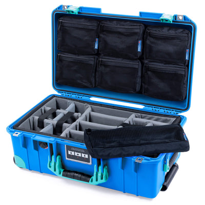 Pelican 1535 Air Case, Electric Blue with Teal Handles, Latches & Trolley Gray Padded Microfiber Dividers with 7-Piece Removable Mesh Pouches ColorCase 015350-0770-120-591-590