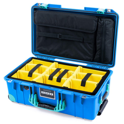 Pelican 1535 Air Case, Electric Blue with Teal Handles, Latches & Trolley Yellow Padded Microfiber Dividers with Laptop Computer Lid Pouch ColorCase 015350-0210-120-591-590