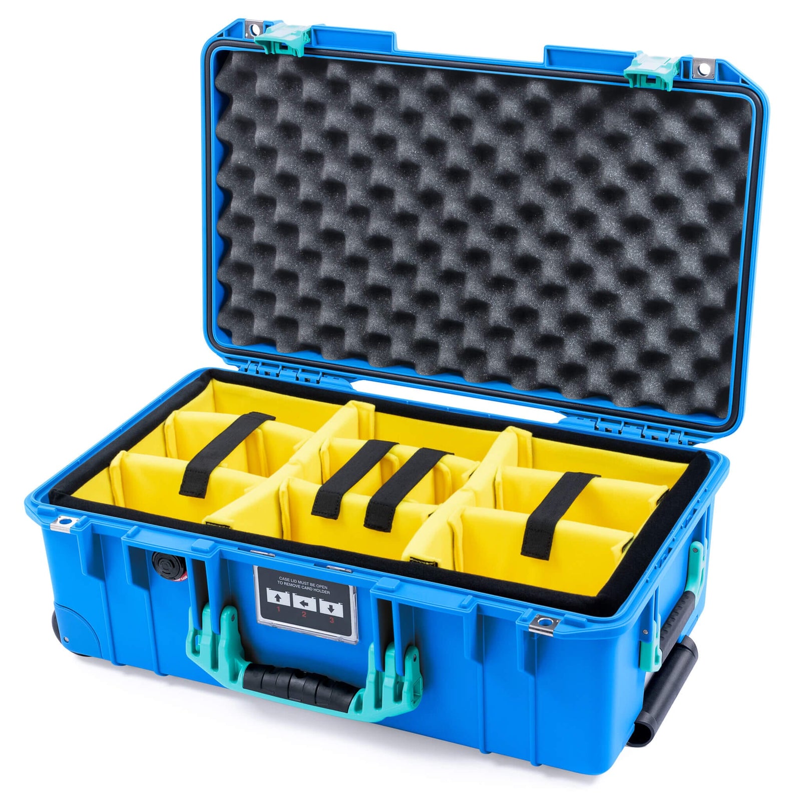 Pelican 1535 Air Case, Electric Blue with Teal Handles & Latches Yellow Padded Microfiber Dividers with Convoluted Lid Foam ColorCase 015350-0010-120-591