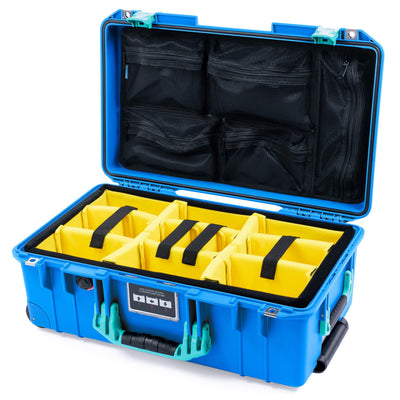 Pelican 1535 Air Case, Electric Blue with Teal Handles & Latches Yellow Padded Microfiber Dividers with Mesh Lid Organizer ColorCase 015350-0110-120-591