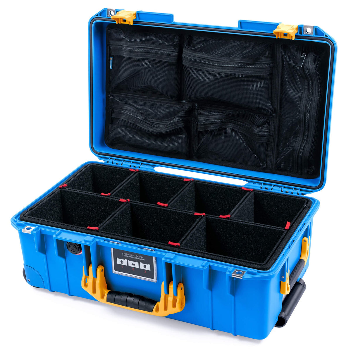 Pelican 1535 Air Case, Electric Blue with Yellow Handles &amp; Latches TrekPak Divider System with Mesh Lid Organizer ColorCase 015350-0120-120-241