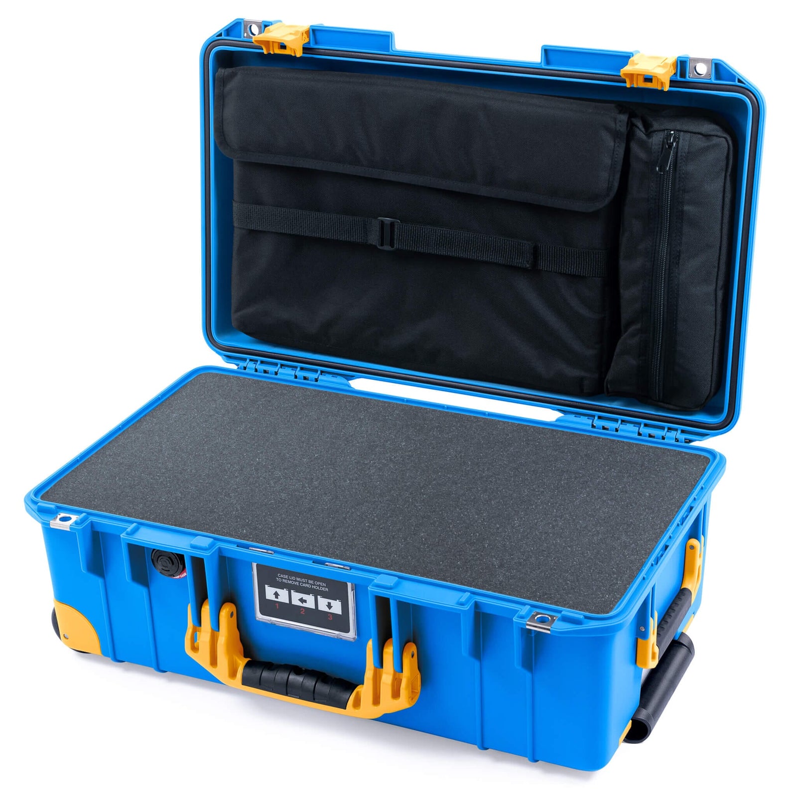 Pelican 1535 Air Case, Electric Blue with Yellow Handles, Latches & Trolley Pick & Pluck Foam with Laptop Computer Lid Pouch ColorCase 015350-0201-120-241-240