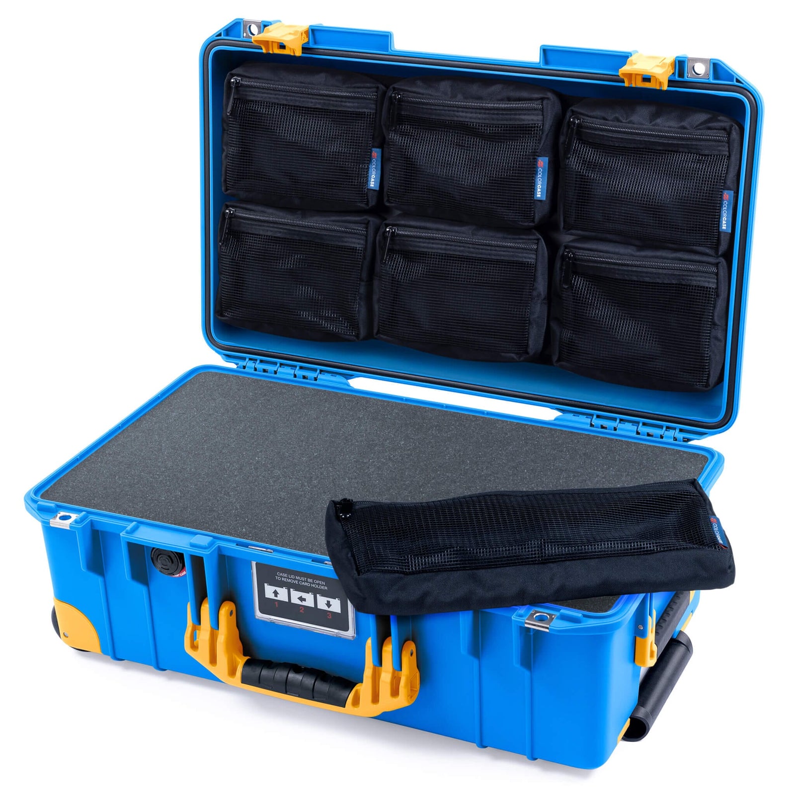 Pelican 1535 Air Case, Electric Blue with Yellow Handles, Latches & Trolley Pick & Pluck Foam with 7-Piece Removable Mesh Pouches ColorCase 015350-0701-120-241-240