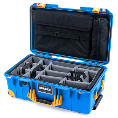 Pelican 1535 Air Case, Electric Blue with Yellow Handles, Latches & Trolley Gray Padded Microfiber Dividers with Laptop Computer Lid Pouch ColorCase 015350-0270-120-241-240