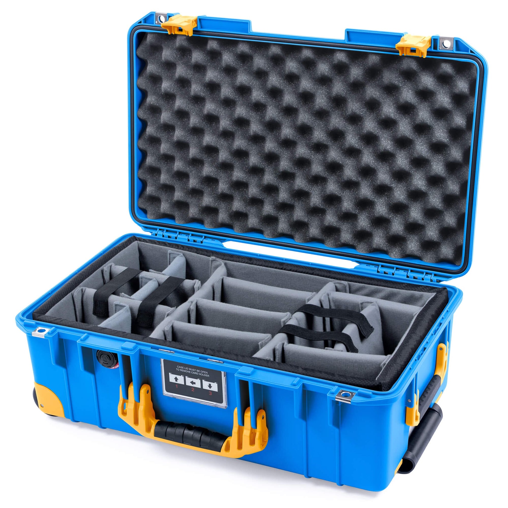 Pelican 1535 Air Case, Electric Blue with Yellow Handles, Latches & Trolley Gray Padded Microfiber Dividers with Convoluted Lid Foam ColorCase 015350-0070-120-241-240