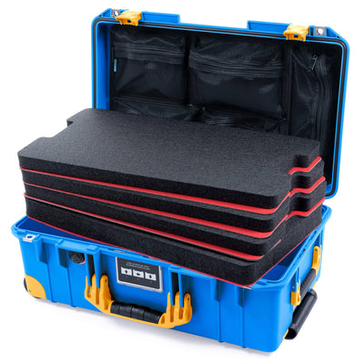 Pelican 1535 Air Case, Electric Blue with Yellow Handles, Latches & Trolley Custom Tool Kit (4 Foam Inserts with Mesh Lid Organizer) ColorCase 015350-0160-120-241-240