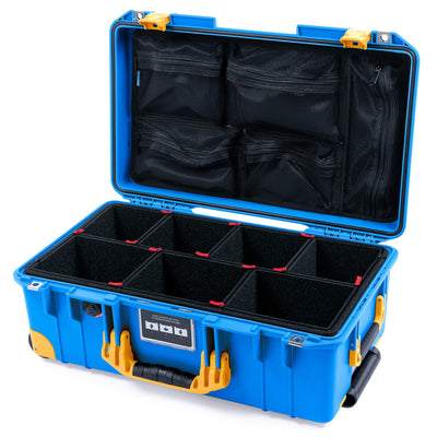 Pelican 1535 Air Case, Electric Blue with Yellow Handles, Latches & Trolley TrekPak Divider System with Mesh Lid Organizer ColorCase 015350-0120-120-241-240