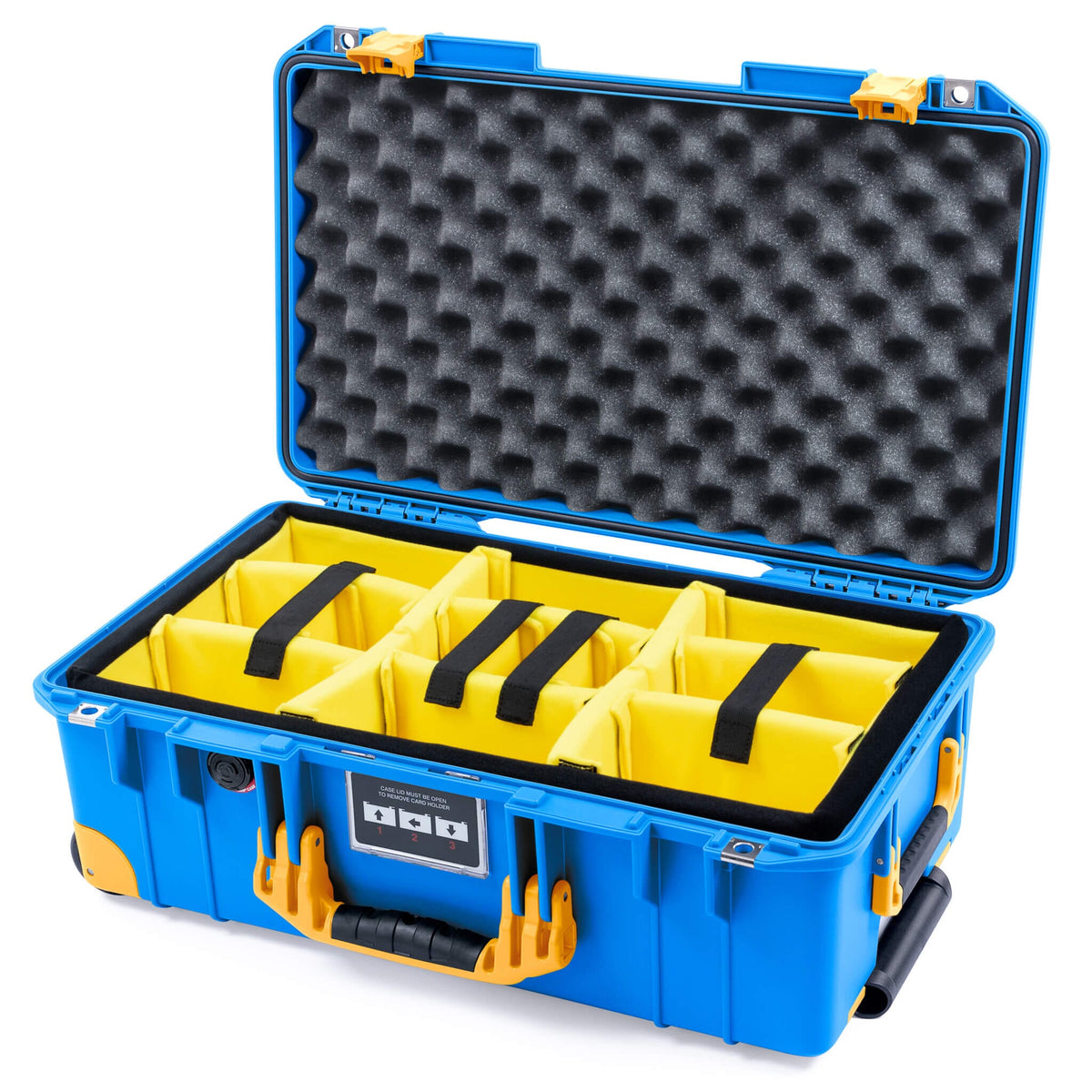 Pelican 1535 Air Case, Electric Blue with Yellow Handles, Latches &amp; Trolley Yellow Padded Microfiber Dividers with Convoluted Lid Foam ColorCase 015350-0010-120-241-240