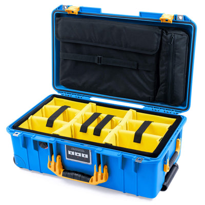 Pelican 1535 Air Case, Electric Blue with Yellow Handles & Latches Yellow Padded Microfiber Dividers with Laptop Computer Lid Pouch ColorCase 015350-0210-120-241
