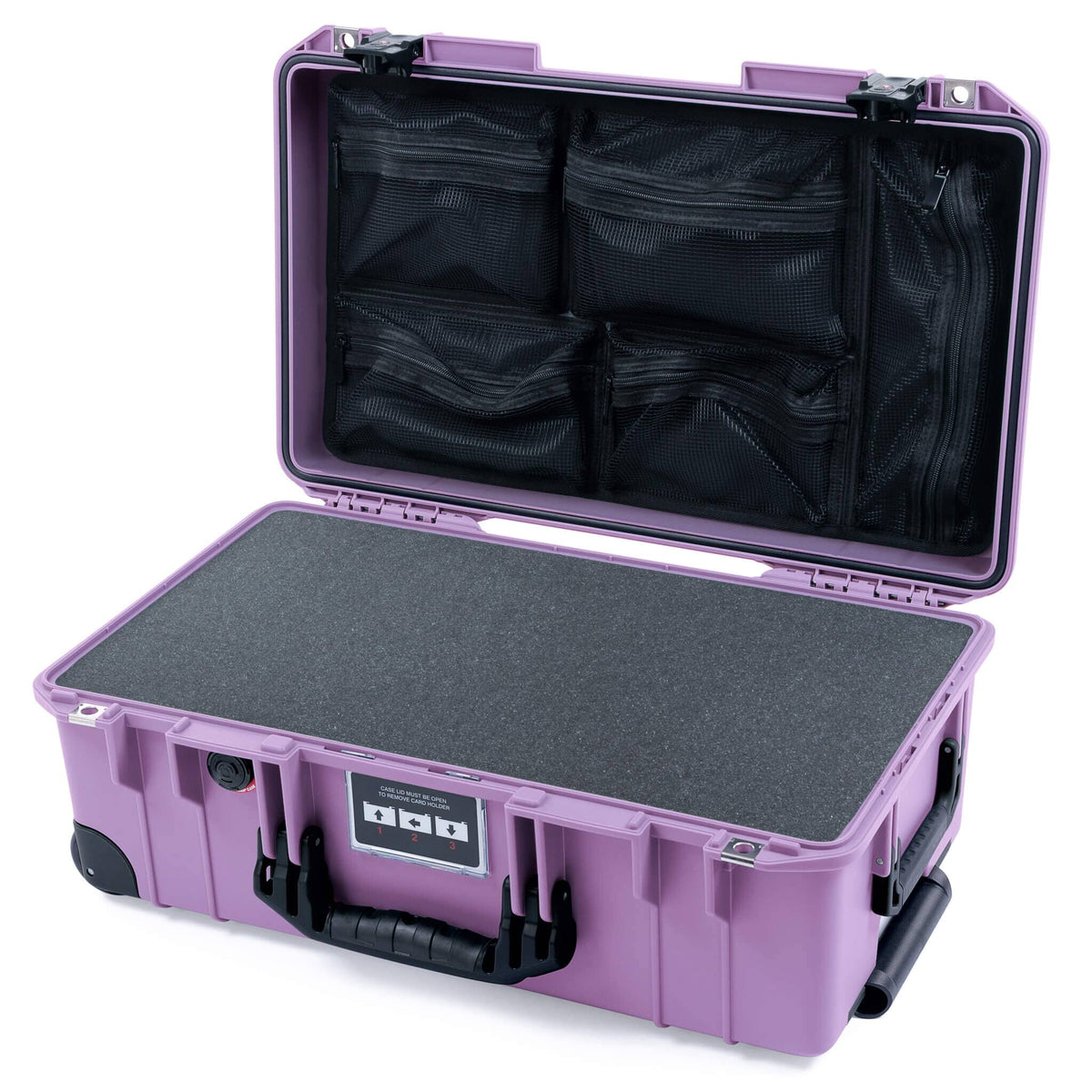 Pelican 1535 Air Case, Lilac with Black Handles, TSA Locking Latches &amp; Trolley Pick &amp; Pluck Foam with Mesh Lid Organizer ColorCase 015350-0101-540-L10-110
