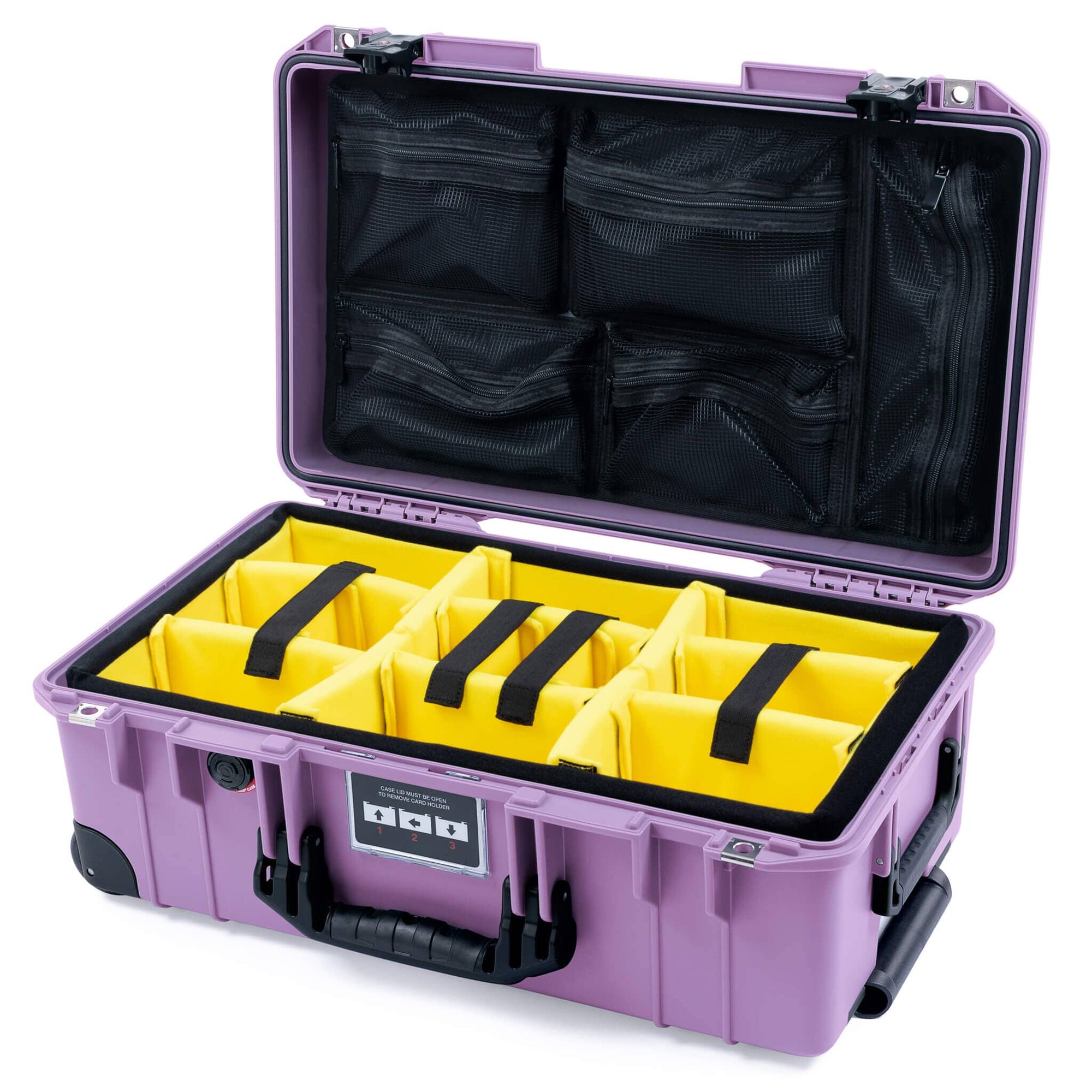 Pelican 1535 Air Case, Lilac with Black Handles, TSA Locking Latches & Trolley Yellow Padded Microfiber Dividers with Mesh Lid Organizer ColorCase 015350-0110-540-L10-110