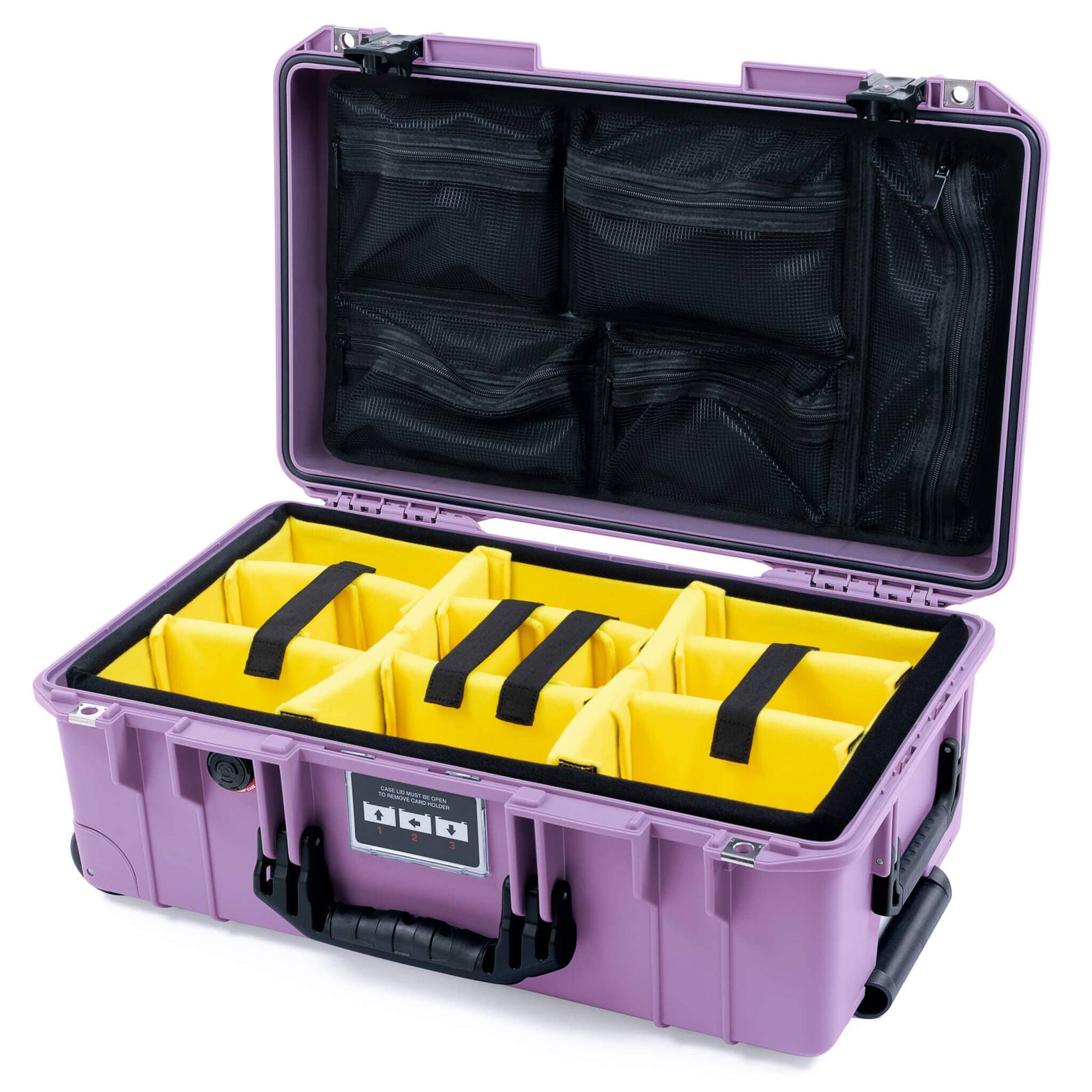 Pelican 1535 Air Case, Lilac with Black Handles & TSA Locking Latches Yellow Padded Microfiber Dividers with Mesh Lid Organizer ColorCase 015350-0110-540-L10