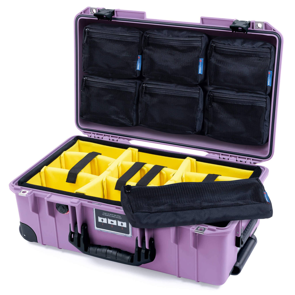 Pelican 1535 Air Case, Lilac with Black Handles, Latches &amp; Trolley Yellow Padded Microfiber Dividers with 7-Piece Removable Mesh Pouches ColorCase 015350-0710-540-111-110