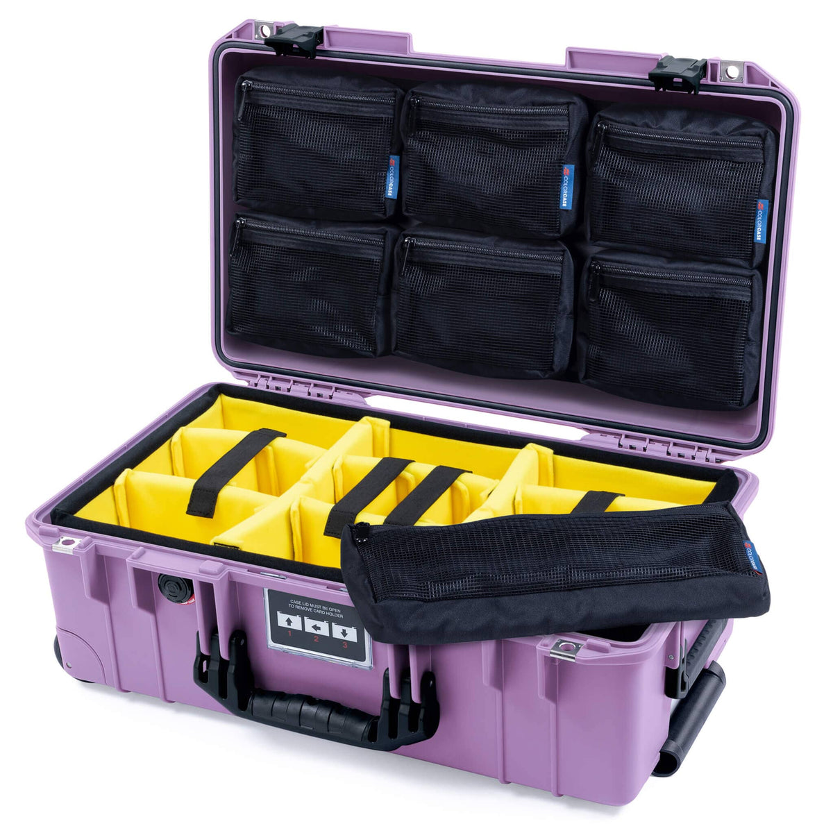 Pelican 1535 Air Case, Lilac with Black Handles &amp; Latches Yellow Padded Microfiber Dividers with 7-Piece Removable Mesh Pouches ColorCase 015350-0710-540-111
