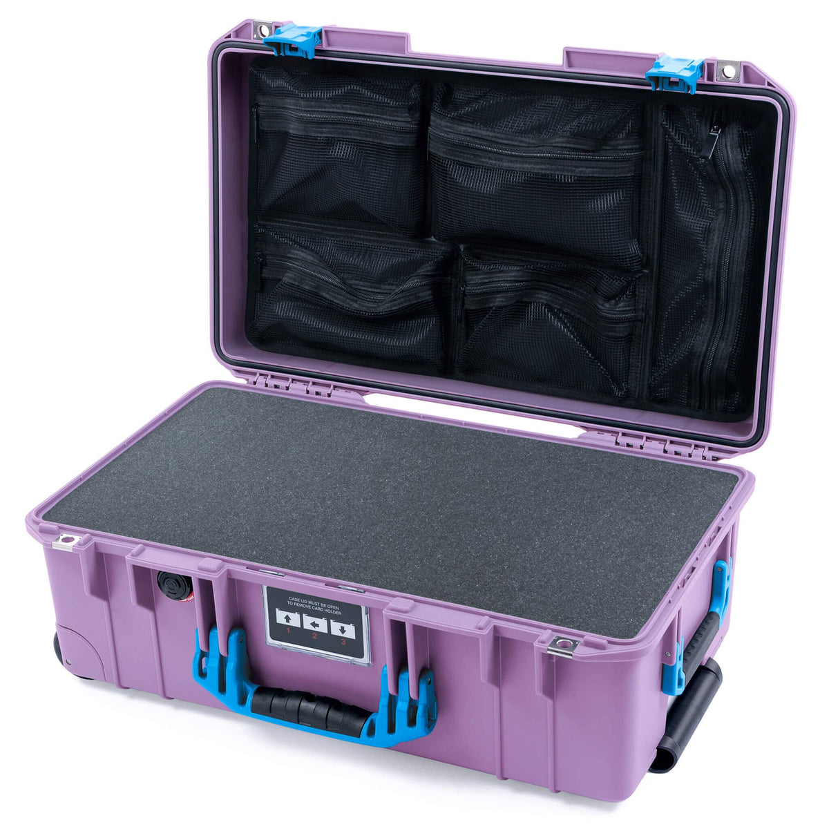 Pelican 1535 Air Case, Lilac with Blue Handles &amp; Latches Pick &amp; Pluck Foam with Mesh Lid Organizer ColorCase 015350-0101-540-121