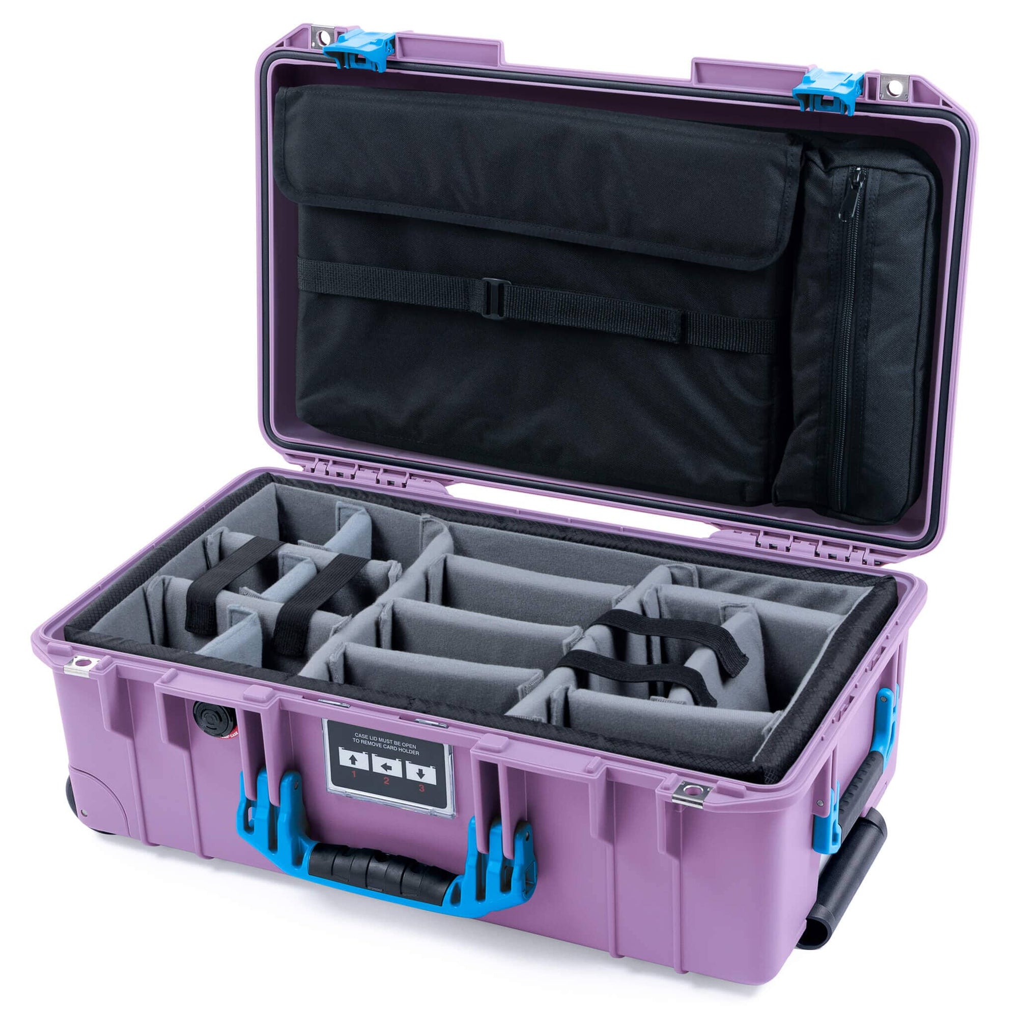 Pelican 1535 Air Case, Lilac with Blue Handles & Latches Gray Padded Microfiber Dividers with Computer Pouch ColorCase 015350-0270-540-121