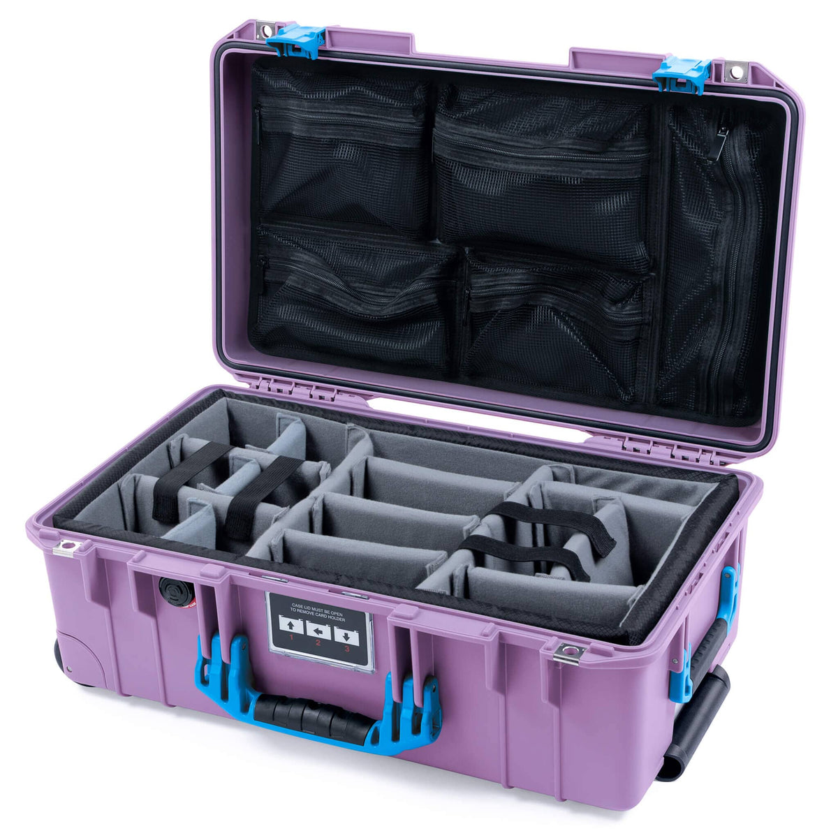 Pelican 1535 Air Case, Lilac with Blue Handles &amp; Latches Gray Padded Microfiber Dividers with Mesh Lid Organizer ColorCase 015350-0170-540-121