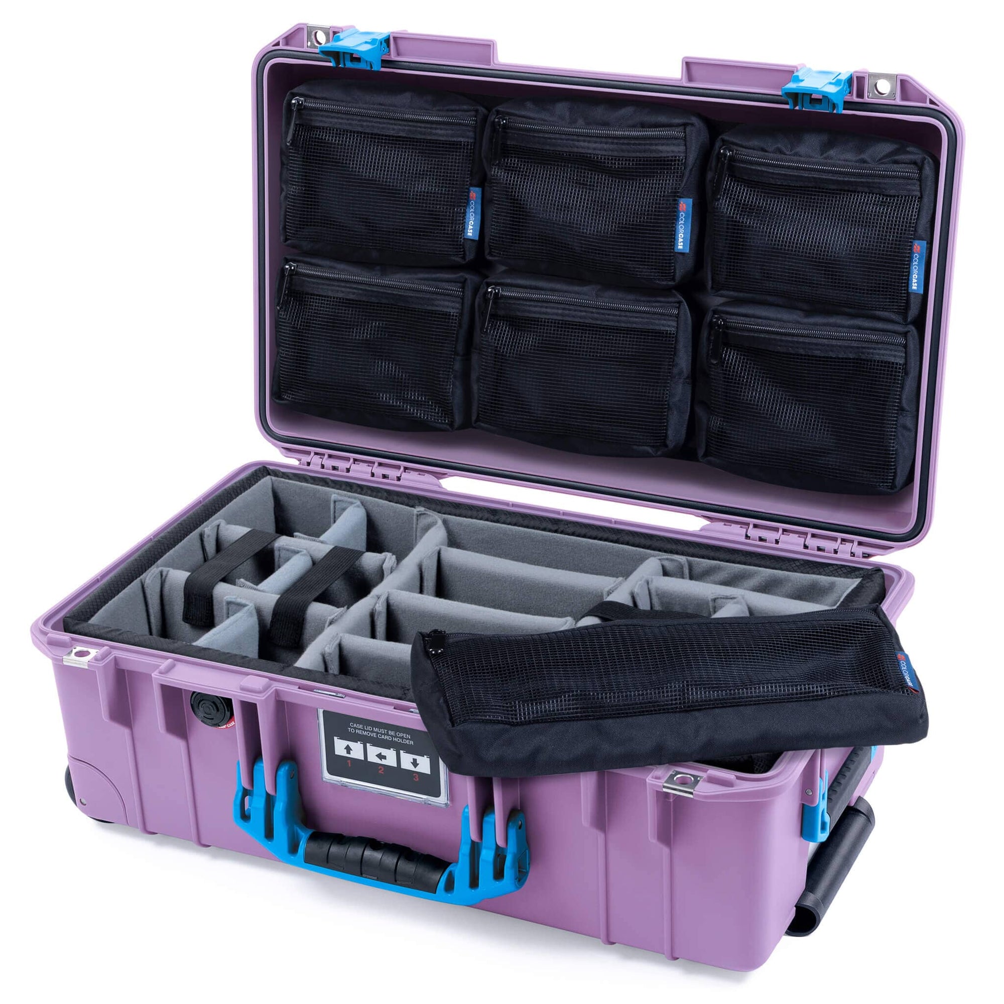 Pelican 1535 Air Case, Lilac with Blue Handles & Latches Gray Padded Microfiber Dividers with 7-Piece Removable Mesh Pouches ColorCase 015350-0770-540-121