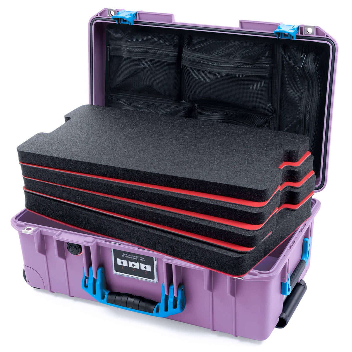 Pelican 1535 Air Case, Lilac with Blue Handles &amp; Latches Custom Tool Kit (4 Foam Inserts with Mesh Lid Organizer) ColorCase 015350-0160-540-121
