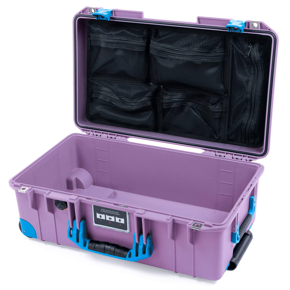 Pelican 1535 Air Case, Lilac with Blue Handles, Latches &amp; Trolley Mesh Lid Organizer Only ColorCase 015350-0100-540-121-120