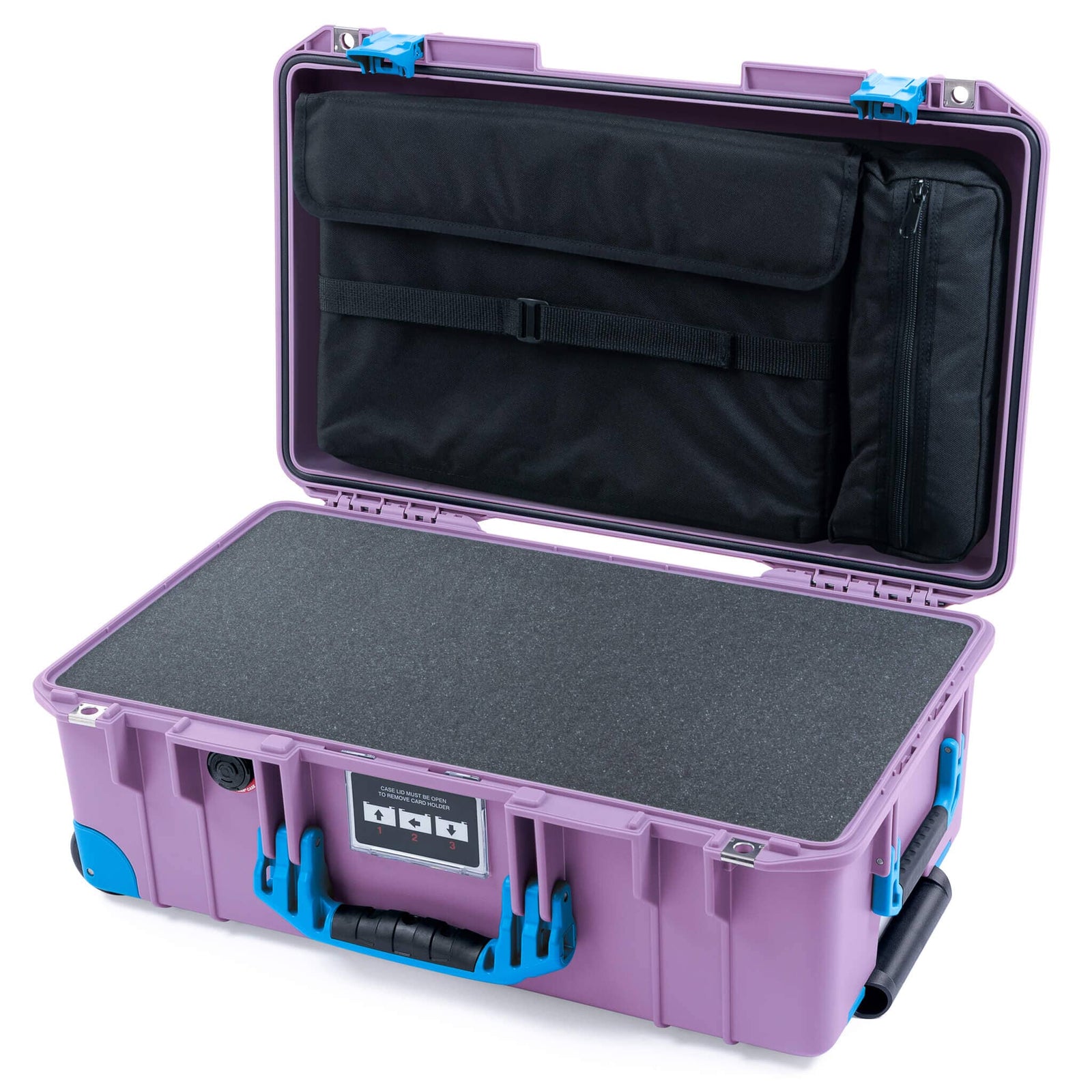 Pelican 1535 Air Case, Lilac with Blue Handles, Latches & Trolley Pick & Pluck Foam with Laptop Computer Lid Pouch ColorCase 015350-0201-540-121-120