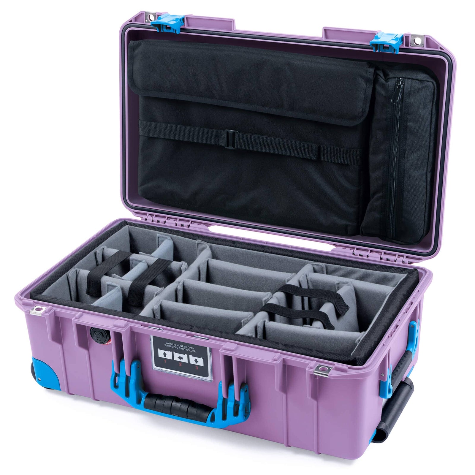 Pelican 1535 Air Case, Lilac with Blue Handles, Latches & Trolley Gray Padded Microfiber Dividers with Laptop Computer Lid Pouch ColorCase 015350-0270-540-121-120