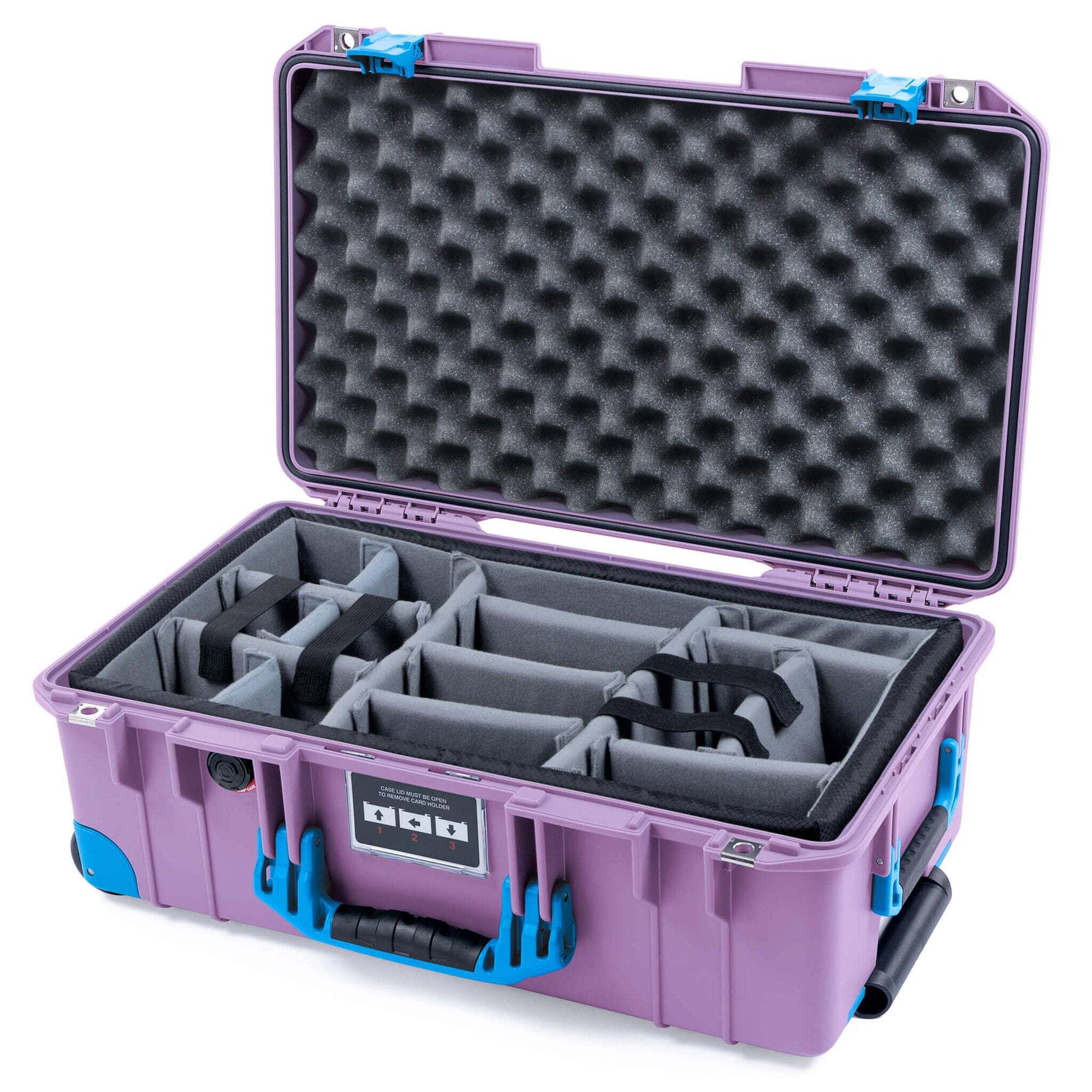 Pelican 1535 Air Case, Lilac with Blue Handles, Latches & Trolley Gray Padded Microfiber Dividers with Convoluted Lid Foam ColorCase 015350-0070-540-121-120