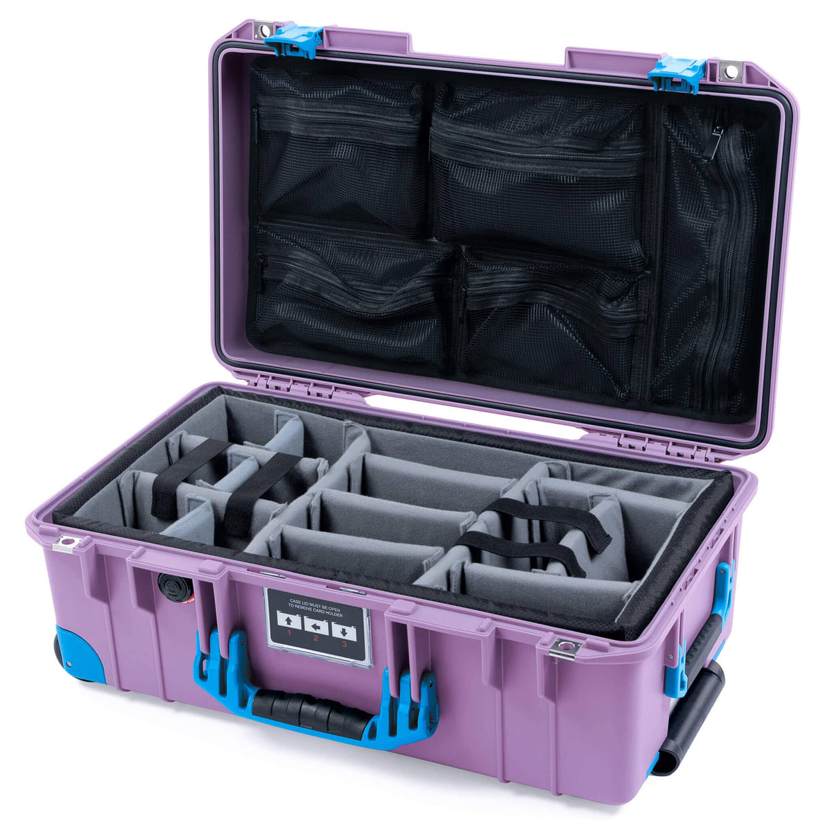 Pelican 1535 Air Case, Lilac with Blue Handles, Latches &amp; Trolley Gray Padded Microfiber Dividers with Mesh Lid Organizer ColorCase 015350-0170-540-121-120