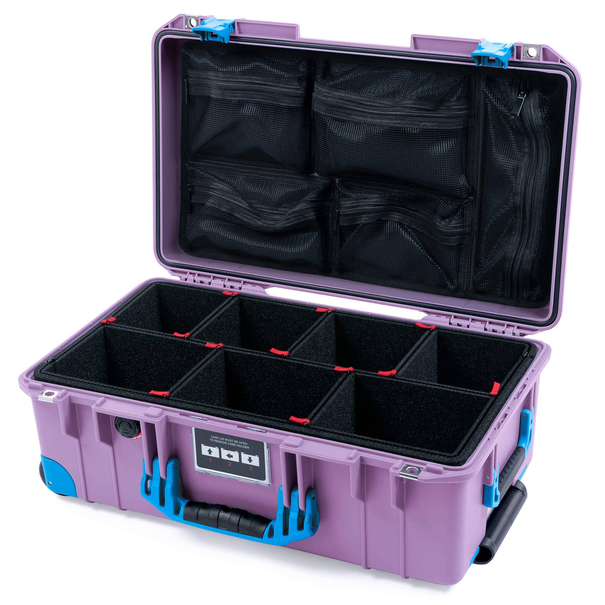 Pelican 1535 Air Case, Lilac with Blue Handles, Latches &amp; Trolley TrekPak Divider System with Mesh Lid Organizer ColorCase 015350-0120-540-121-120