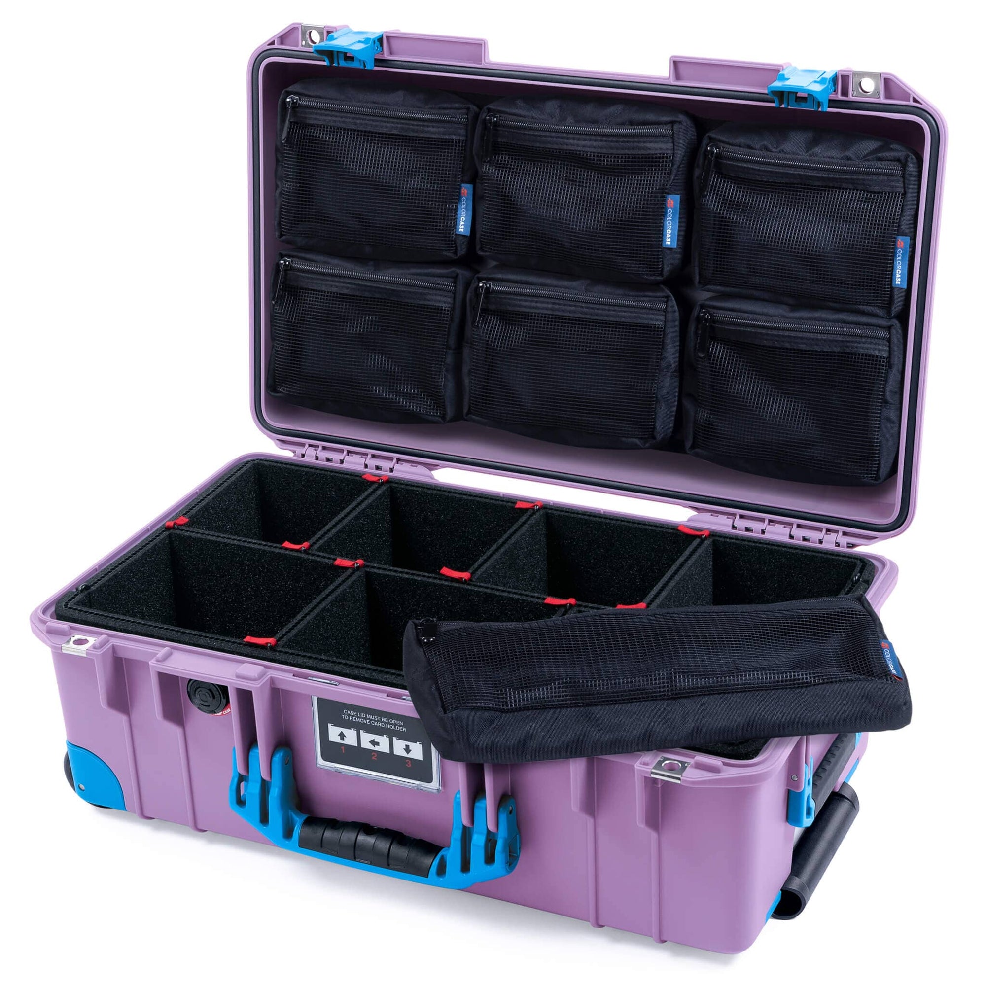 Pelican 1535 Air Case, Lilac with Blue Handles, Latches & Trolley TrekPak Divider System with 7-Piece Removable Mesh Pouches ColorCase 015350-0720-540-121-120