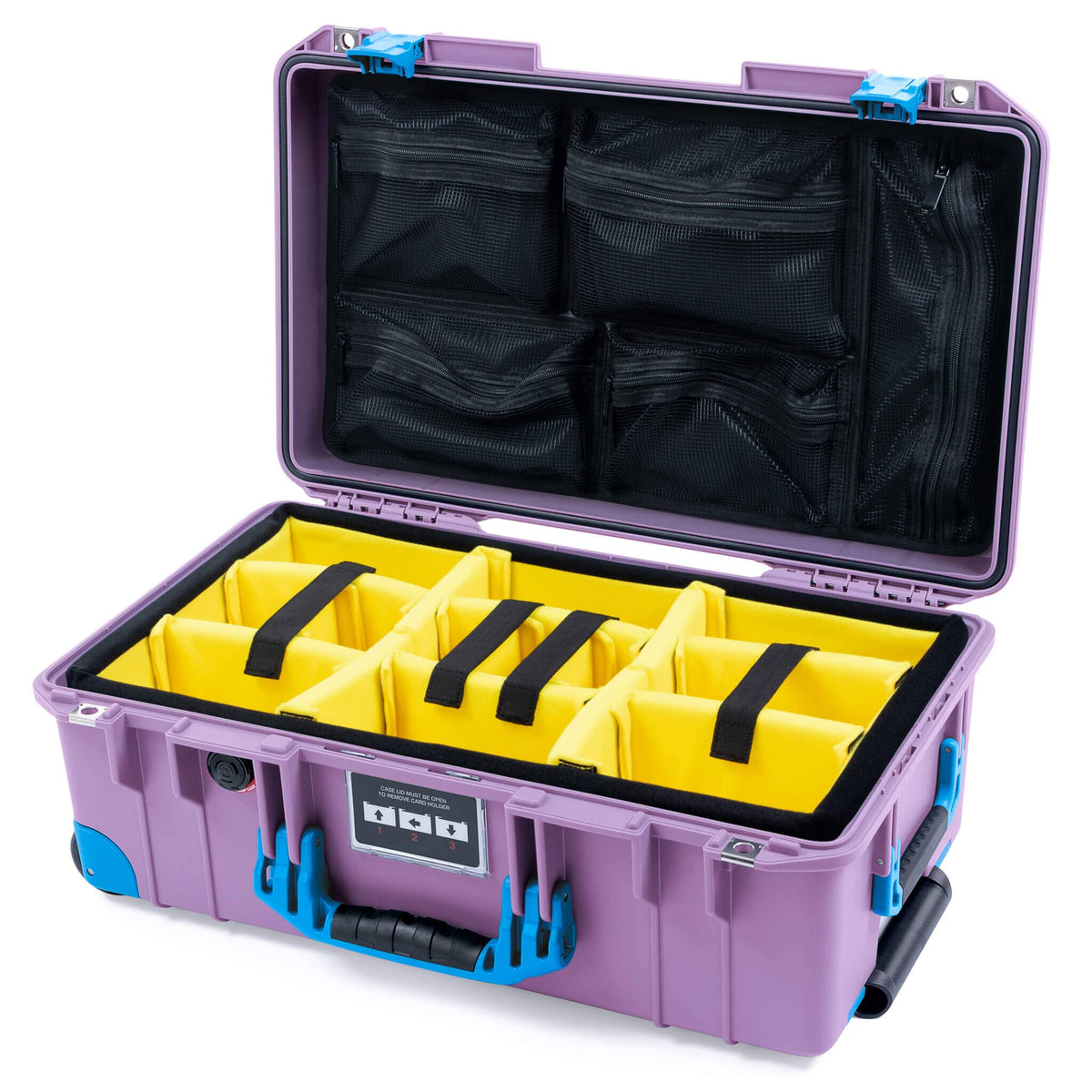 Pelican 1535 Air Case, Lilac with Blue Handles, Latches &amp; Trolley Yellow Padded Microfiber Dividers with Mesh Lid Organizer ColorCase 015350-0110-540-121-120