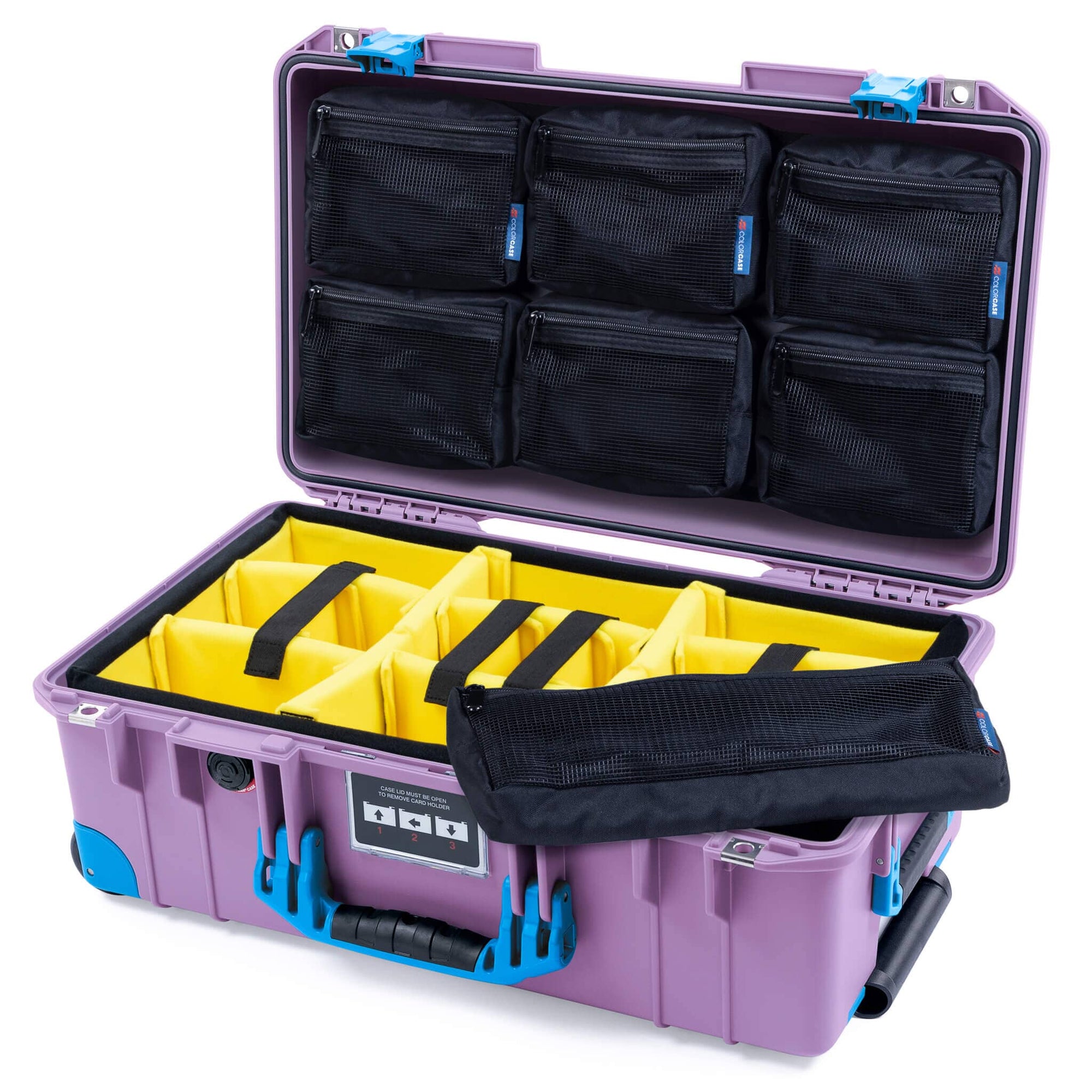 Pelican 1535 Air Case, Lilac with Blue Handles, Latches & Trolley Yellow Padded Microfiber Dividers with 7-Piece Removable Mesh Pouches ColorCase 015350-0710-540-121-120