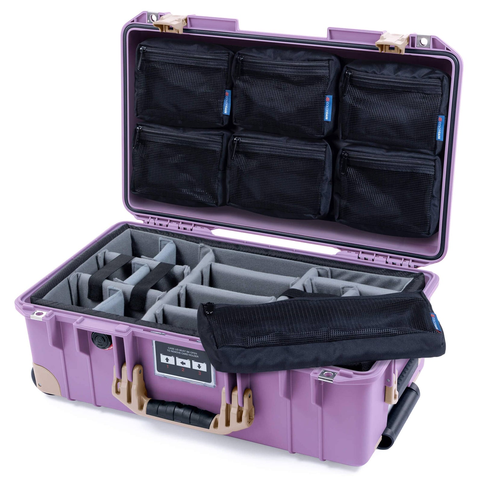Pelican 1535 Air Case, Lilac with Desert Tan Handles, Latches & Trolley Gray Padded Microfiber Dividers with 7-Piece Removable Mesh Pouches ColorCase 015350-0770-540-311-310