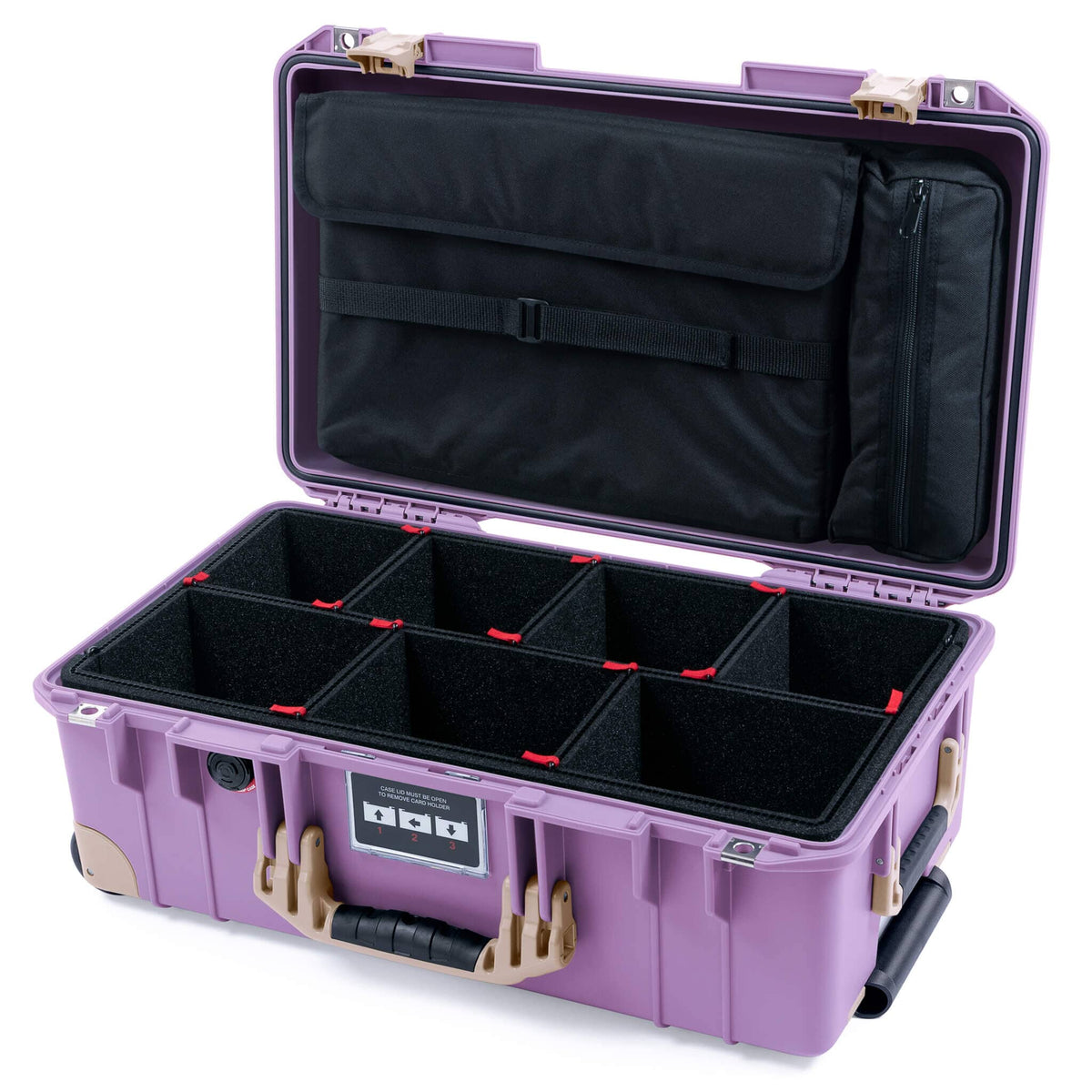 Pelican 1535 Air Case, Lilac with Desert Tan Handles, Latches &amp; Trolley TrekPak Divider System with Laptop Computer Lid Pouch ColorCase 015350-0220-540-311-310