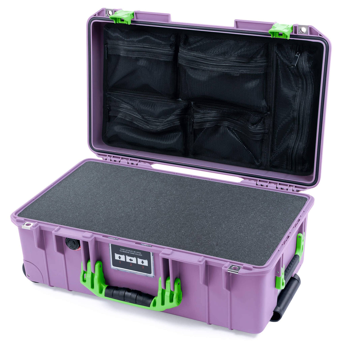 Pelican 1535 Air Case, Lilac with Lime Green Handles &amp; Latches Pick &amp; Pluck Foam with Mesh Lid Organizer ColorCase 015350-0101-540-301