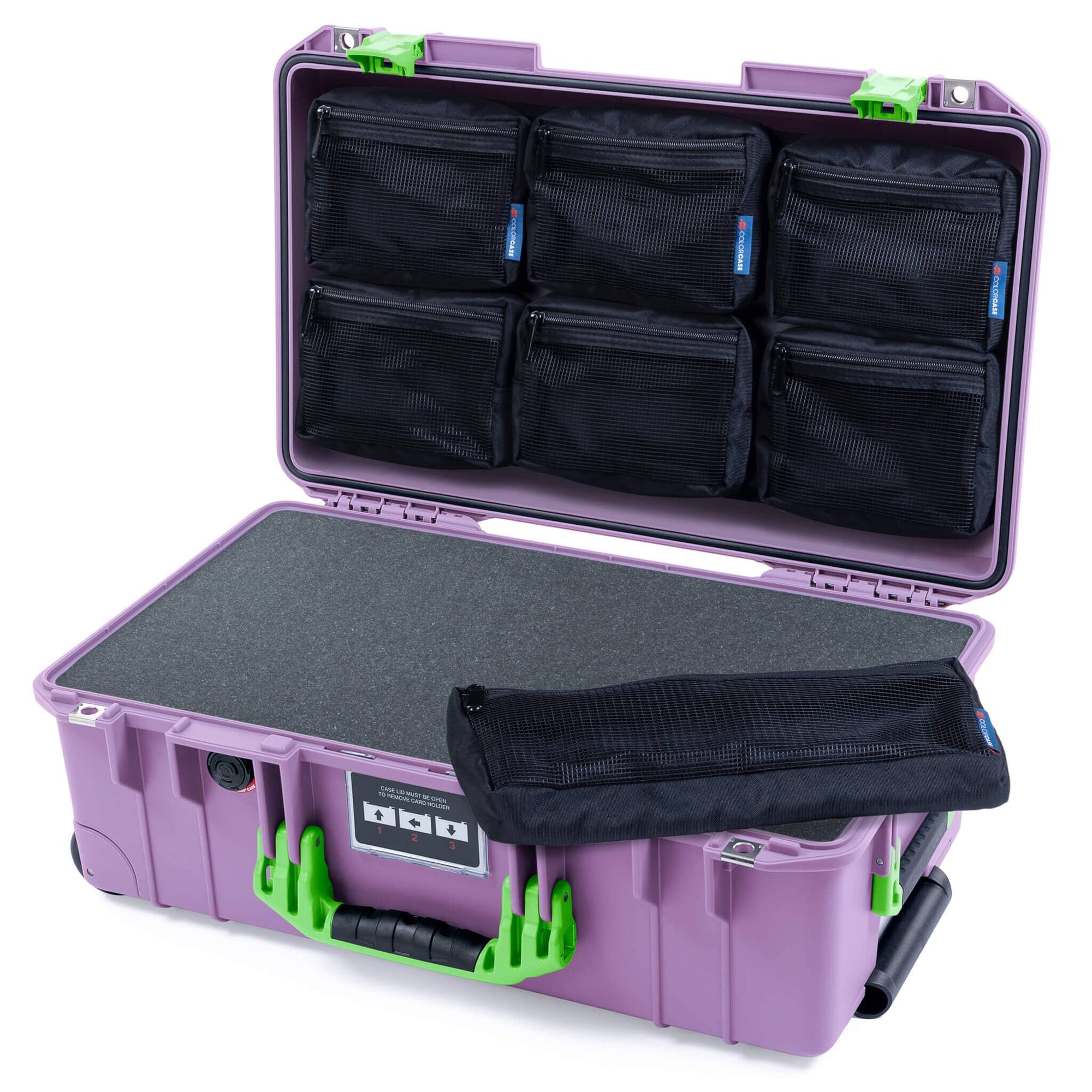 Pelican 1535 Air Case, Lilac with Lime Green Handles & Latches Pick & Pluck Foam with 7-Piece Removable Mesh Pouches ColorCase 015350-0701-540-301
