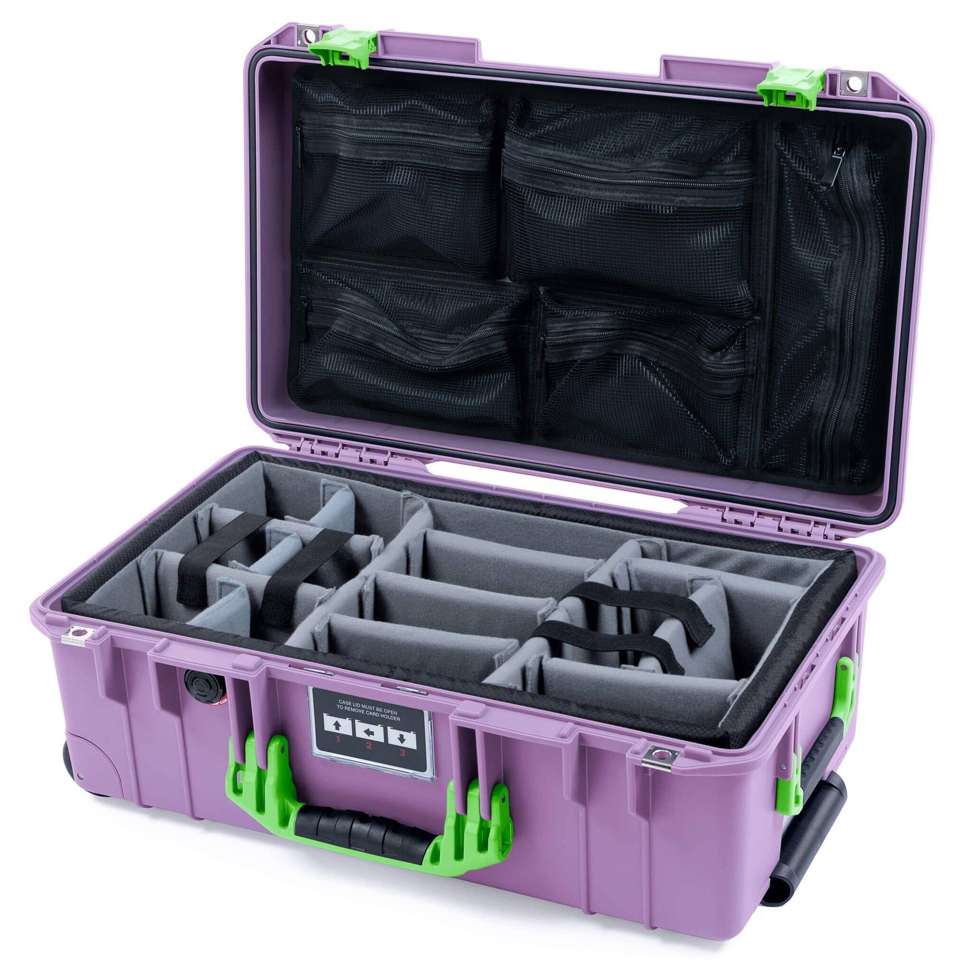Pelican 1535 Air Case, Lilac with Lime Green Handles & Latches Gray Padded Microfiber Dividers with Mesh Lid Organizer ColorCase 015350-0170-540-301